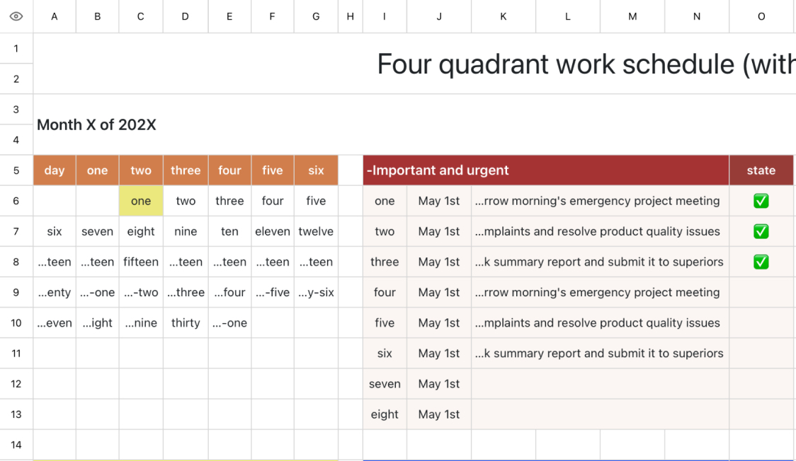 Four quadrant work schedule (with calendar)